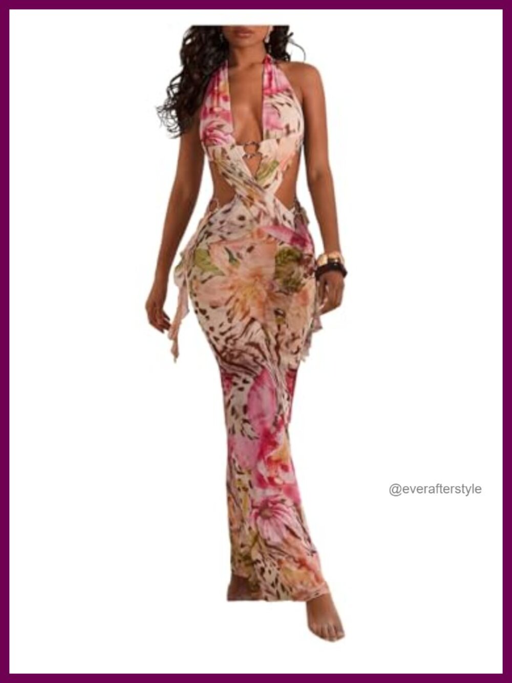 WDIRARA Halter Cut Out Dress Floral Cheetah Print High Slit Bodycon